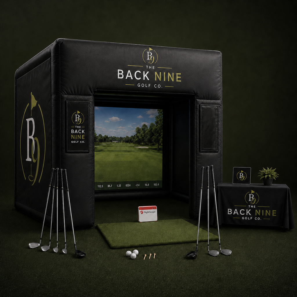 Golf simulator setup with 'The Back Nine Golf Co' branding on a dark background