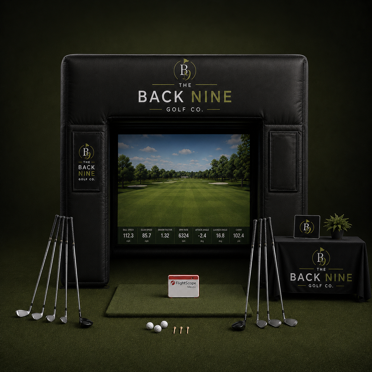 Golf simulator setup with 'The Back Nine Golf Co.' branding on a dark background